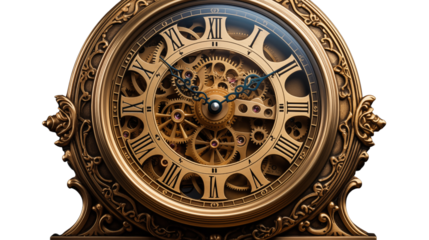 Luxurious gold clock with a vintage design and exposed gears. Ideal for adding refined charm to living spaces or offices, isolated on transparent background.