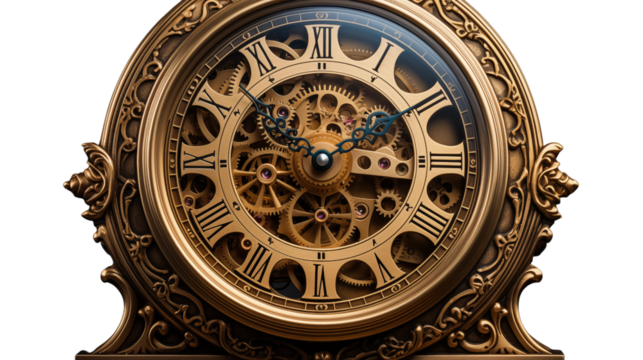 Luxurious gold clock with a vintage design and exposed gears. Ideal for adding refined charm to living spaces or offices, isolated on transparent background.