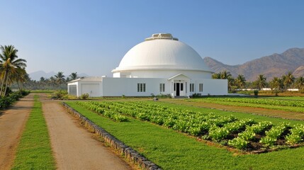 Sustainable architecture showcase serene landscape modern dome design peaceful environment rural setting eco-friendly concept
