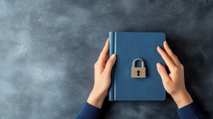 Hands holding a locked notebook on a dark surface.