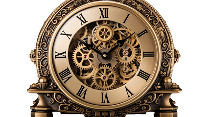 Exquisite gold clock featuring intricate gears. Perfect for adding vintage elegance and functionality to your home or office, isolated on transparent background.