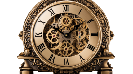 Exquisite gold clock featuring intricate gears. Perfect for adding vintage elegance and functionality to your home or office, isolated on transparent background.