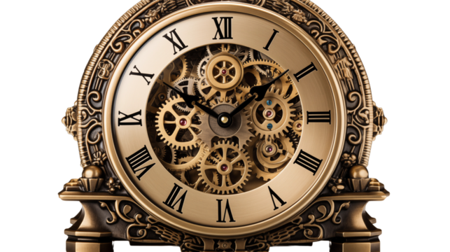 Exquisite gold clock featuring intricate gears. Perfect for adding vintage elegance and functionality to your home or office, isolated on transparent background.