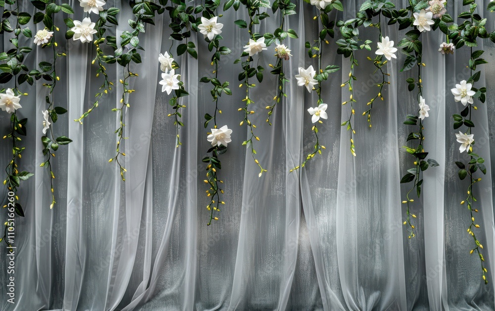 Poster pewter studio backdrop with a matte finish, pewter satin curtains with delicate white daisies and tr