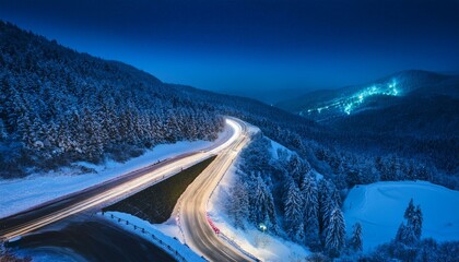Night winter forest road