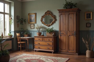 Elegant vintage interior with wooden furniture and plants in a softly lit room