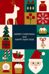 Greeting Christmas card with icons pattern and typography. Simple geometric forms of snowball, gift, tree, deer, candy, Santa. Layout for poster, background, invitation, cover, label.