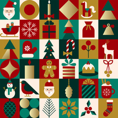 Festive Christmas seamless pattern in flat style. Stylized geometric shapes of Santa, candle, gift, cookie, deer, bullfinch, snowman, fir tree, bell. For textile, wrapper, background, packaging.