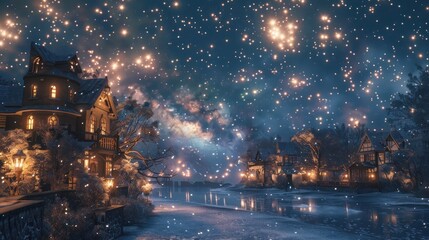 Snowy night in a fairytale village with glowing houses and starry sky.