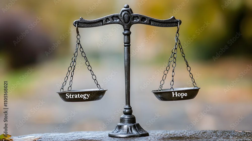 Poster a balancing scale with 'strategy' on one side and 'hope' on the other, showing the equilibrium neede