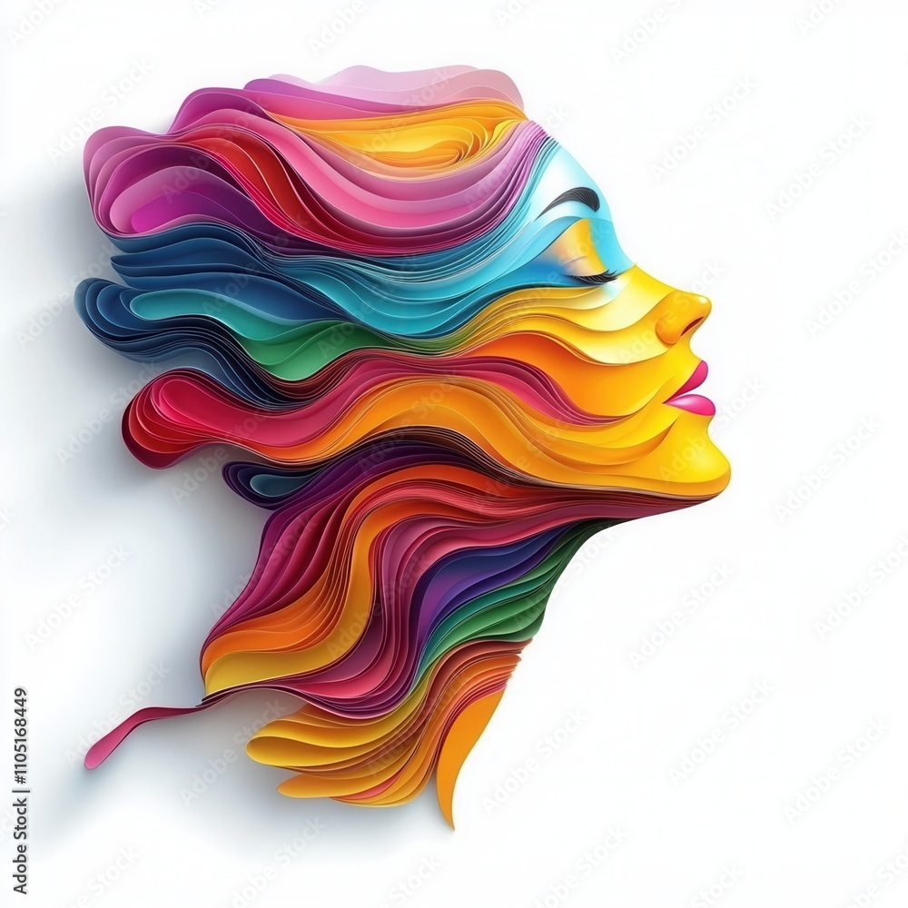 Poster a vibrant, artistic representation of a face created using colorful, flowing paper layers, symbolizi