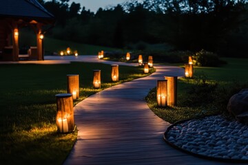 Enchanting outdoor decor lights illuminate a winding garden path, creating a magical trail through nature.