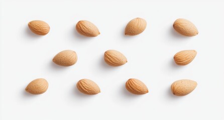 A distinctive angle of raw almonds showcased against a pure white backdrop