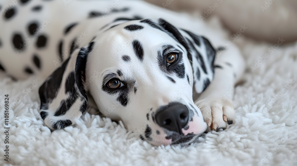 Poster adorable dalmatian dog breed lying down and resting on a soft fluffy and textured white and black pa