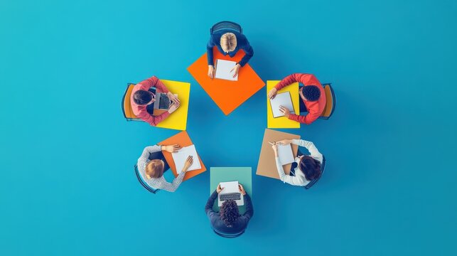 Top view of four groups of people engaged in various activities around different colored tables against blue background. Concept of business, leisure time, work, job, meeting, office, friendship. Ad