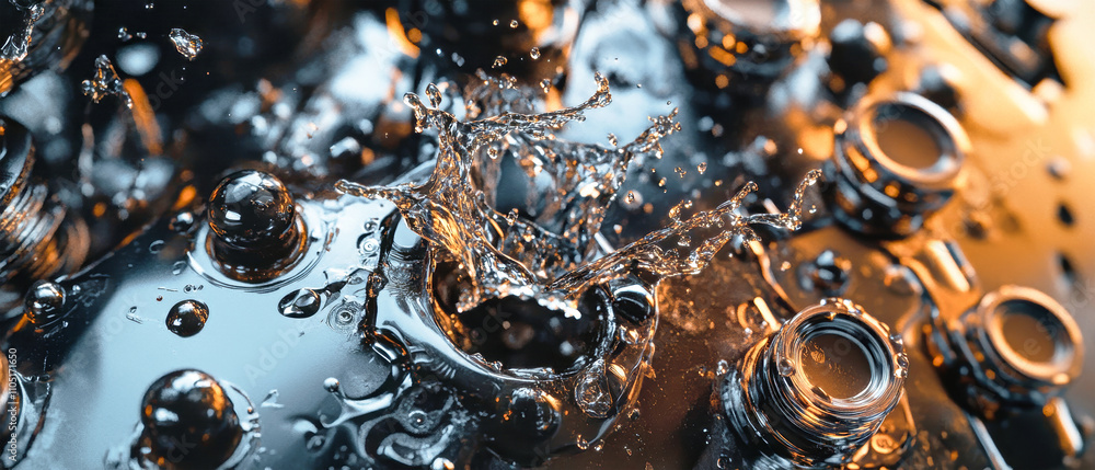 Poster intricate dance of machine oil and gears amidst dynamic splashes in a rustic setting captured in vib