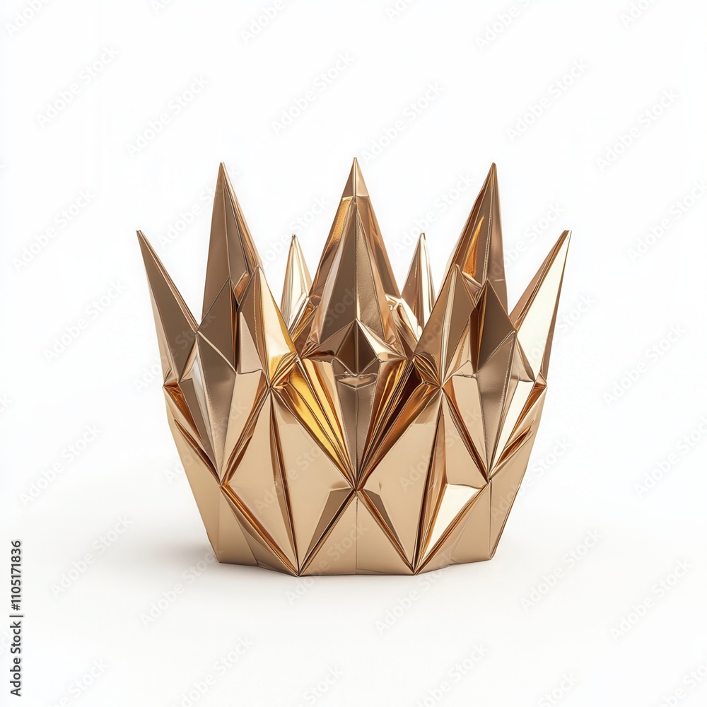 Poster a geometric, golden crown-shaped object with sharp peaks, designed with intricate facets, reflecting