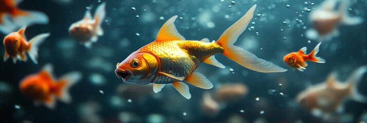 Fototapeta premium A goldfish wearing a shark fin-shaped suit swims among other smaller goldfish in the water.
