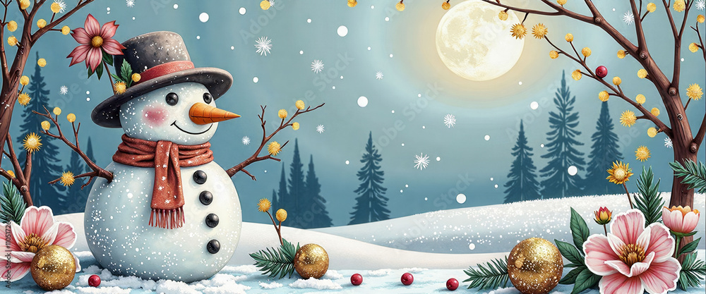 Poster a snowman with a red scarf is standing in front of a tree with a full moon in the background