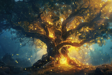 Fantastically door in wild forest leading to deep unknown