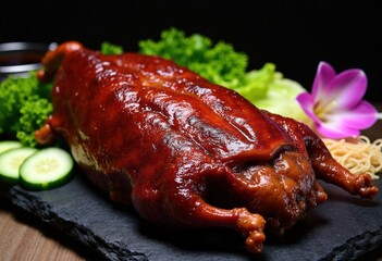 Roasted Duck, Garnishes, Dark Background.