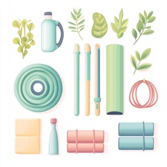 Yoga and Fitness Illustration:  Mats, Bottles, Plants and Equipment
