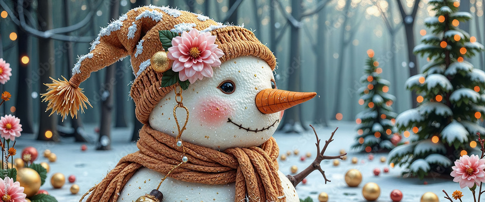 Poster a snowman with a red scarf is standing in front of a tree with a full moon in the background