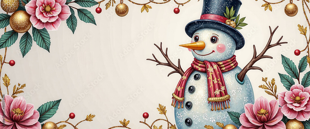 Poster a snowman with a red scarf is standing in front of a tree with a full moon in the background