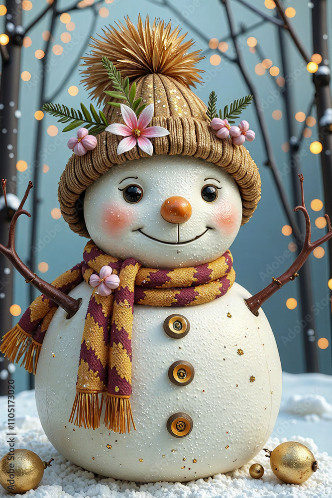Poster a snowman with a red scarf is standing in front of a tree with a full moon in the background
