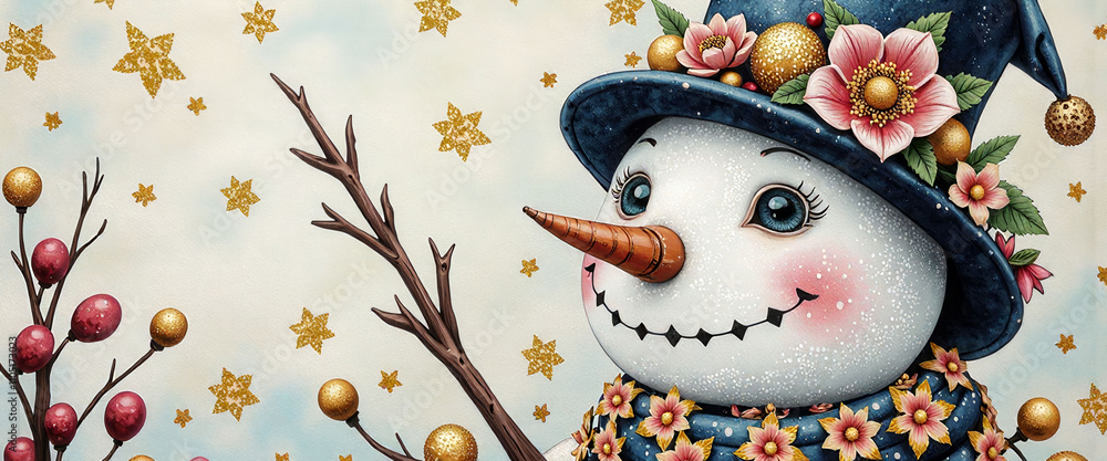 Poster a snowman with a red scarf is standing in front of a tree with a full moon in the background