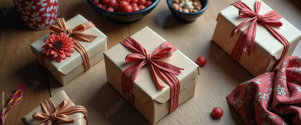 Poster three brown boxes with red bows on them. the boxes are decorated with flowers and ribbons. there are