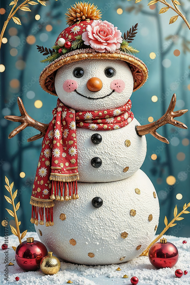 Poster a snowman with a red scarf is standing in front of a tree with a full moon in the background