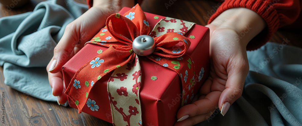 Poster a person is holding a red box with a bow on it. the box is wrapped in red ribbon and has a silver bu