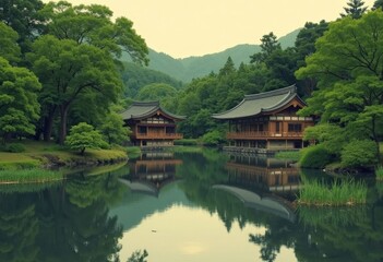 Naklejka premium Serene Japanese Garden Pavilions and Pond Reflection.