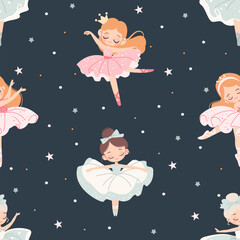 Seamless vector pattern in children's style. Cute ballerina and stars on dark background . Vector illustration © Alena