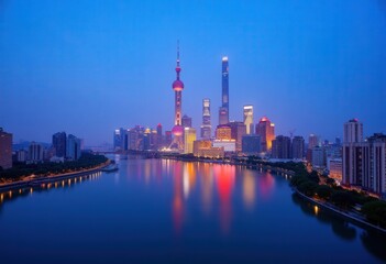 Fototapeta premium Shanghai Skyline Night Reflection.