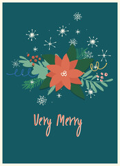 Vintage Merry Christmas card with poinsettia for festive branding projects, logos, stickers, invitations, scrapbooking, wall posters, social media and for decorating your home, crafts and goods