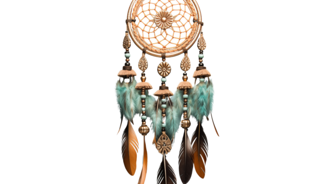Feathered dreamcatcher with beaded accents, offering a calming and artistic touch to any bohemian-inspired living space, isolated on transparent background.
