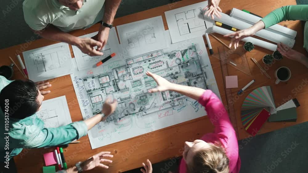 Poster top view of skilled civil engineer team shaking hand while discussing idea at meeting table with col