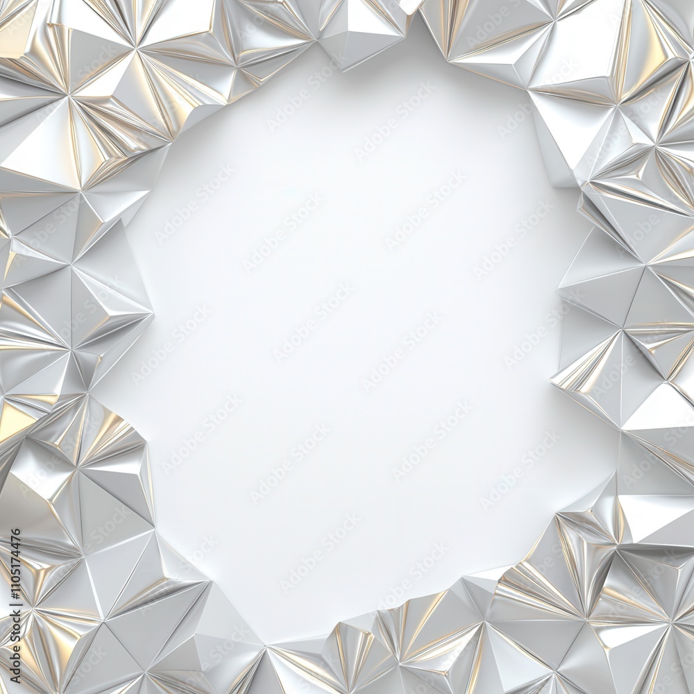 Poster a geometric, silver origami frame with a blank center, showcasing intricate triangular patterns and 