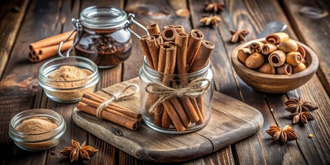Aerial View of a Glass Jar Filled with Neatly Arranged Fragrant Cinnamon Sticks Perfect for Cooking and Baking, Surrounded by Warm Kitchen Elements for a Cozy Atmosphere