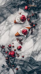 Charming French éclairs drizzled with chocolate glaze and filled with cream, gracefully set against a white backdrop with fresh peonies.