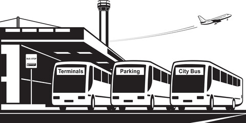 Buses from airport to terminals, city and parking - vector illustration