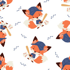Seamless vector pattern in a cute childish style. Cute fox playing baseball with bat and ball. Vector illustration