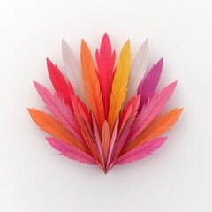 Fototapeta premium A vibrant arrangement of colorful paper feathers, showcasing shades of pink, orange, yellow, and purple, creating a visually striking and artistic design. isolated on white background