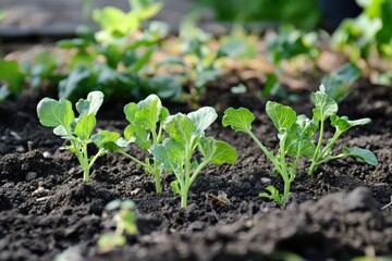 Broccoli Growing. Young Broccoli Inflorescence in Vegetable Patch