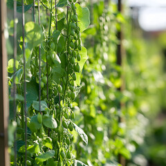 Naklejka premium Peas climbing a trellis spring garden nature scene sunlit environment close-up view growth in action
