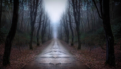 Obraz premium 深い森の中の一本道