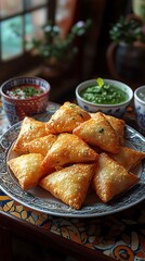 Traditional indian samosas complemented by fresh spicy chutney styled on plate picture