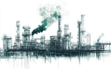 Obraz premium A hyper-realistic sketch of an oil production plant with green smoke rising from the industrial chimneys. 